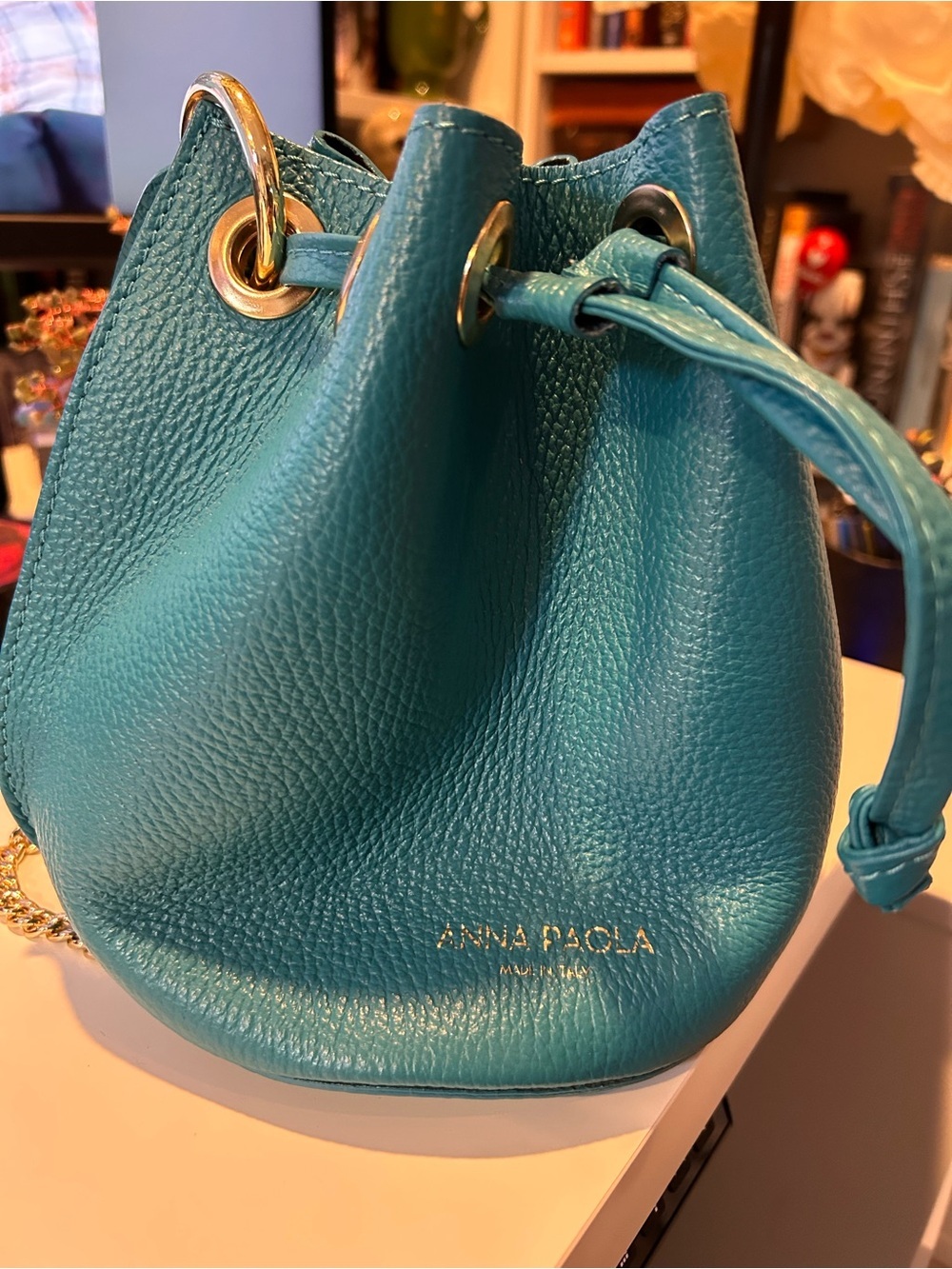 Anna Paola Teal Pebbled Leather Drawstring Bucket Bag